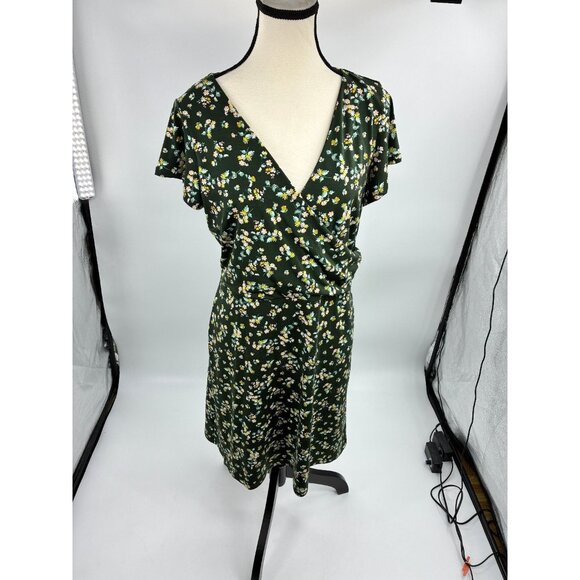 LOFT Womens Size 12P Green Floral Wrap Dress Short Sleeve V-Neck Casual Petite - Picture 1 of 7